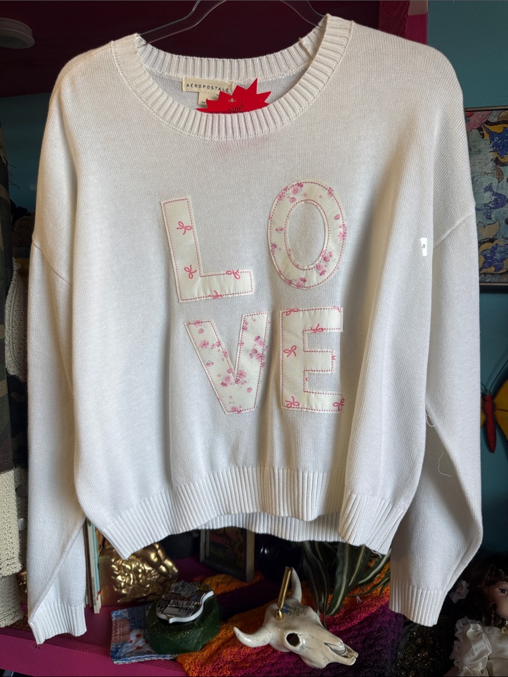 Aeropostale White Crewneck Sweater with Pink Floral "LOVE" Appliqué